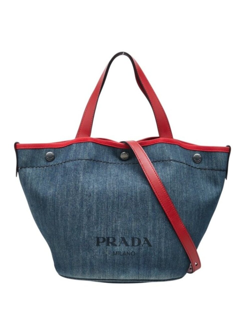 Prada Tote Shoulder Bag 2-Way Bucket Shape Indigo Red Denim Leather